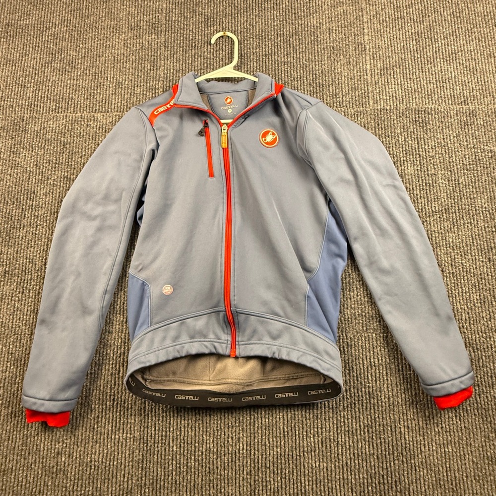 Castelli Mens Medium Cycling Jacket Blue‎ Red Full Zip Fleece Lined Softshell